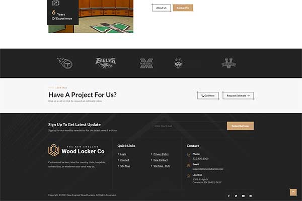 Website screenshot of footer for New England Wood Locker
