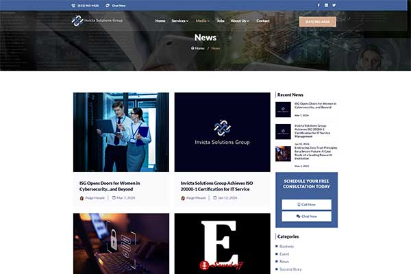 Website screenshot of the article category  page for Invicta Solutions Group