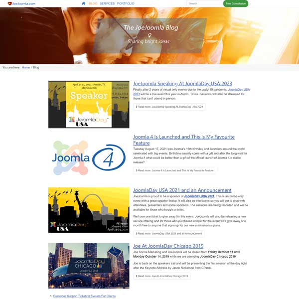 Website screenshot of blog category page for JoeJoomla