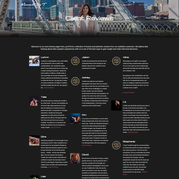 Photography website reviews page screenshot