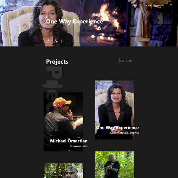 Screenshot of project portfolio category page for Scrimshaw Productions website