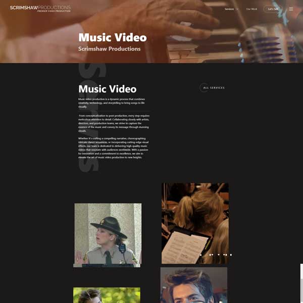 Screenshot of services (tag) page for Scrimshaw Productions website