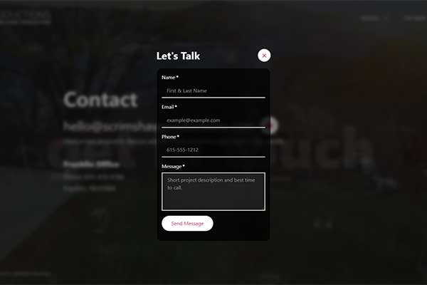 Screenshot of contact form for Scrimshaw Productions website