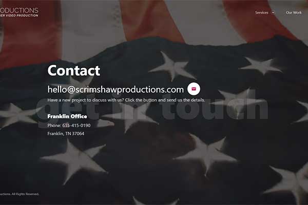 Screenshot of contact page for Scrimshaw Productions website