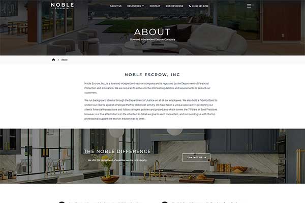 Website screenshot of the About Page for Noble Escrow