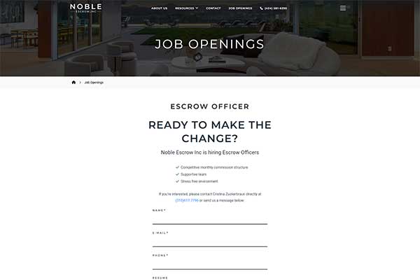 Website screenshot of the Job Openings Form for Noble Escrow