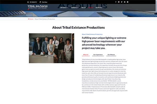 Website screenshot of the about page for Tribal Existance Productions